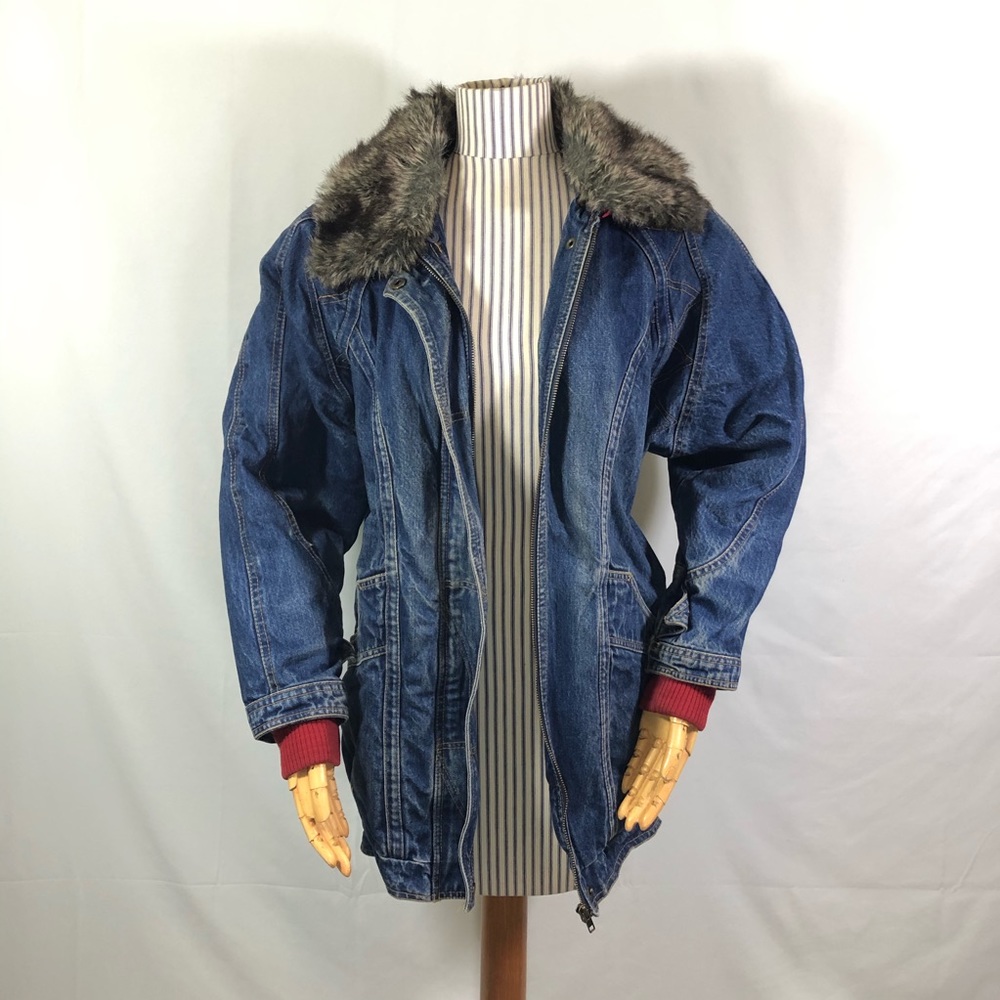 Vintage Denim Jean Jacket Parka Faux Fur Trim